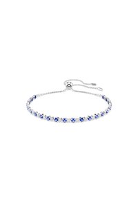 Bracciale d'argento con gemme blu e trasparenti alternate, dotato di un chiusura regolabile a scorrimento e un design della catena delicato.