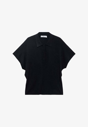 Tricou stil polo de culoare neagră, cu croială lejeră, cu mâneci scurte, realizat dintr-un material moale. Dispune de un guler clasic și o fâșie cu trei butoane.