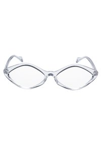 Klar plastikkatøye-briller med en slank, vinklet ramme. Linser er transparente, og designen har subtile detaljer nær hengslene.