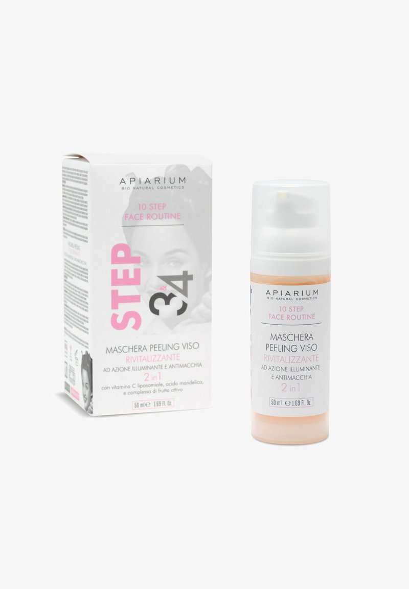Apiarium 10 Step Face Routine maschera viso peeling rivitalizzante, flacone da 50 ml con pompa e scatola coordinata, progettata per un'azione illuminante e anti-macchie.