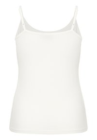 Camicetta bianca con spalline sottili regolabili, realizzata in un tessuto liscio ed elasticizzato. Presenta un scollo a barca e una silhouette aderente.