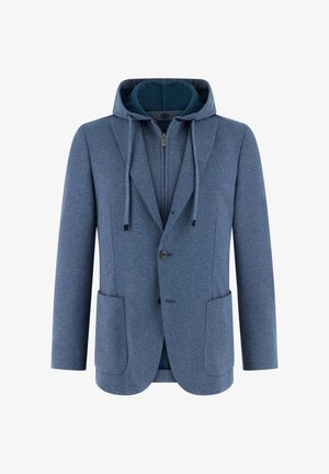 Blauwe gelaagde blazer met knoopsluiting gecombineerd met een capuchonsweatshirt met ritssluiting, trekkoorden en voorzakken.