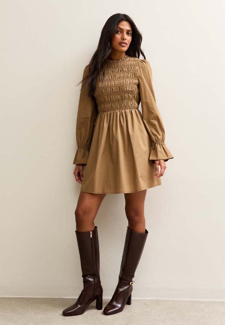 New Look SHIRRED BODICE LONG SLEEVE A-LINE MINI - Day dress - light brown -  Zalando