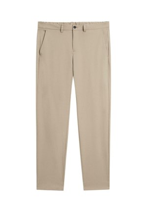 Pantaloni beige a taglio dritto con passanti per cintura, bottone frontale, chiusura a zip e tasche laterali.