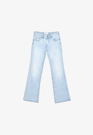 Light wash denim flared jeans with five pockets, belt loops, and a button closure. Features slight fading and a straight leg silhouette.