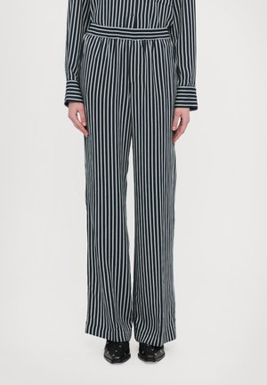 Pantalons larges rayés bleu marine et blancs avec une taille élastique et des poches latérales. Tissu lisse avec une coupe classique intemporelle.