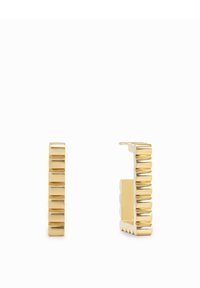 Zelta auskari ar gredzenu formu, kas izceļas ar teksturētu dizainu un rievotu akcentu. Gluda apdare ar spīdīgu virsmu.