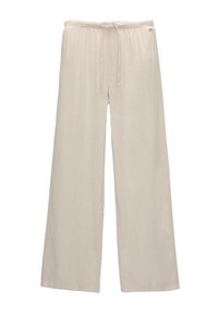 Lichtbeige wijde broek van zachte stof, met een elastische tailleband en een trekkoord voor een verstelbare pasvorm.
