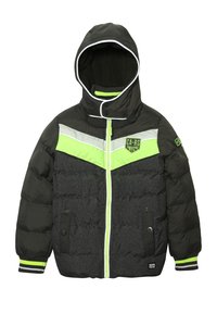 Padded jacket z czarnym wykończeniem, zielono-szarymi paskami, zapinana na zamek, z kapturem oraz dwoma przednimi kieszeniami z klapami na guziki.