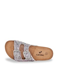 Floral-patterned slide sandal with two adjustable silver buckles, a brown contoured footbed, and a textured upper. Brand logo visible on footbed.