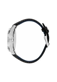 Orologio in acciaio inox argentato con cinturino in pelle nera caratterizzato da cuciture blu. Design della cassa elegante con finitura lucida.