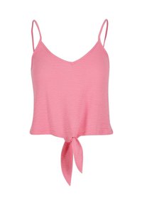 Roze cropped tanktop met een v-hals en dunne bandjes, voorzien van een gestructureerde stof en een strikdetail aan de zoom.