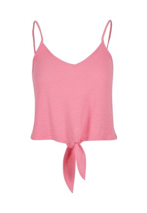 Roze cropped tanktop met een v-hals en dunne bandjes, voorzien van een gestructureerde stof en een strikdetail aan de zoom.