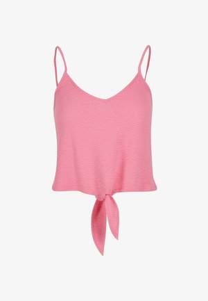 Roosa lühike tank top v-kaelusega ja õhukeste rihmadega, millel on tekstuurne kude ja nööri detail allosas.