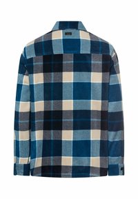 Geruite blouse met donkerblauwe, lichtblauwe en crèmekleurige vierkanten. Zachte stof met een kraag en manchetten met knopen. Ontspannen pasvorm.