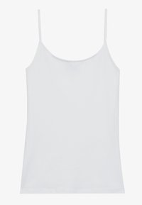 Vit bomullscamisole med tunna, justerbara axelremmar, en mjuk textur och en figurnära design, med en slät, odekorerad yta.