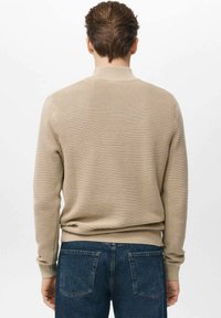 Beżowy sweter dziany z teksturowanym wzorem, okrągłym dekoltem i ściągaczami na rękawach. Noszony z niebieskimi dżinsami, pokazany od tyłu.