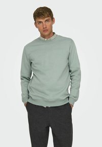 Mint green crew neck sweatshirt made of soft fabric, featuring ribbed cuffs and hem, worn over a light shirt. Gray pants visible below.