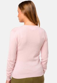 Pull en tricot rose clair avec des manches longues, un col rond et un ourlet côtelé. Texture douce, design ajusté, avec une vue arrière lisse.