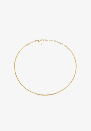 Colier choker cu ton de aur, având un design neted și curbat, cu un lanț legat pentru lungime ajustabilă și un sistem de închidere sigur.