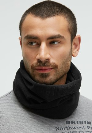 Black fleece neck gaiter with embossed text detail. The fabric appears soft and textured, providing warmth and coverage around the neck.