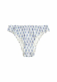Weißer Bikiniunterteil mit blauem gesticktem Muster, fransigen Kanten und mittelhohem Design. Weicher Stoff mit glatter Textur.