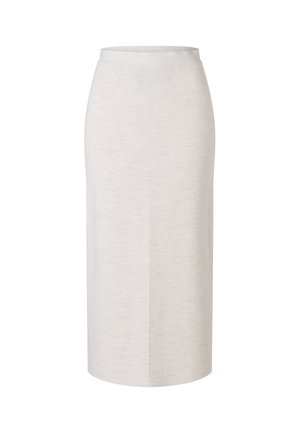 Off-white knælængde pencilskørt med tilspidset talje og glat stofstruktur, vist på hvid baggrund.