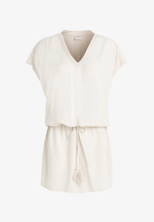 Hellbeiges Kleid mit V-Ausschnitt, kurzen Ärmeln, Kordelzug in der Taille und Quastendetails. Hergestellt aus weichem, leichtem Stoff.