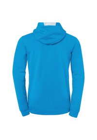 Sweat à capuche en tissu bleu vif. Dispose de manches longues, d'une poche kangourou et d'une zone de cou renforcée avec un accent blanc contrastant.