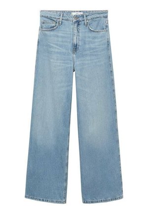 Lichtblauwe denim wijde jeans met een hoge taille, voorzien van twee voorkruisen, een enkele achterzak en een ritsluiting.