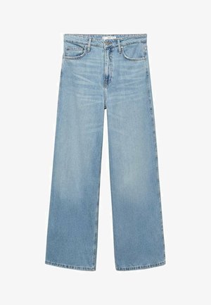 Light blue denim wide-leg jeans with a high waist, featuring two front pockets, a single back pocket, and a zip-fly closure.