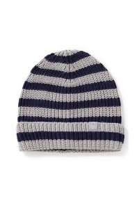 Berretto lavorato a maglia con strisce orizzontali grigie e blu navy, dotato di risvolto e di una piccola etichetta con logo sul lato.
