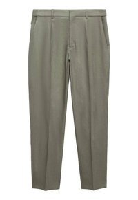 Svetlo olivové nohavice s hladkou textúrou, rovného strihu, so záhybmi na prednej strane a bočnými vreckami. Strih na mieru a upravený pás.