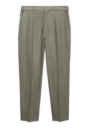 Helle olivgrüne Hosen mit einer glatten Textur, gerader Schnitt, gefalteter Vorderseite und seitlichen Taschen. Maßgeschneiderte Passform und sauberer Bund.