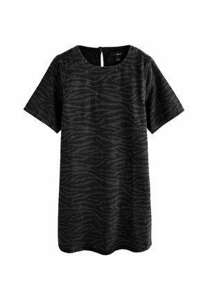 Top en coton noir avec un subtil motif zèbre, manches courtes et encolure ronde avec une petite ouverture en forme de clé au dos.