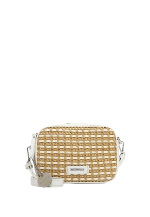 Small rectangular crossbody bag with white leather trim and woven tan straw front, featuring a silver brand tag and detachable strap.