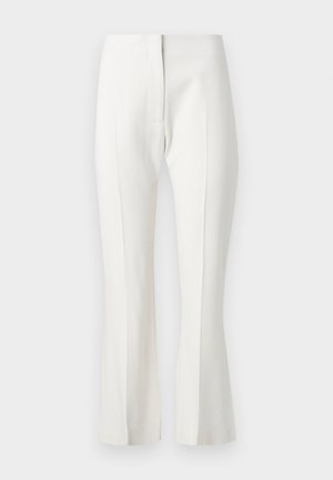 Bela krojena hlače s širokim dnom, ki imajo raven sprednji del, brez žepov in gladko teksturo tkanine.