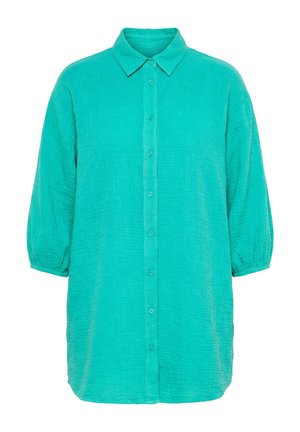 Tyrkysově modrá dlouhá košile na knoflíky s 3/4 rukávy s lemem a špičatým límečkem, vyrobená z texturované lehké látky.