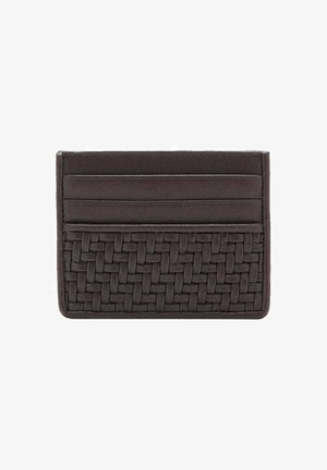 Dark brown leather cardholder with three card slots and a woven textured panel on the lower half.