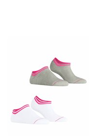 Graue und weiße Knöchel-Socken, mit rosa gerippten Bündchen und kontrastierendem Nähen. Weiches Textilmaterial mit glatter Oberfläche.