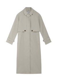 Beige lang trenchcoat med knappet stormklap, krave, manchetkiler og sidelommer, vist på hvid baggrund.