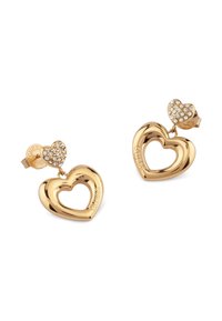 Gold-tone heart-shaped earrings with a hollow center. The top features a smaller heart adorned with clear crystals. Clip-on style.