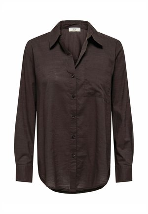 Ciemnobrązowa koszula z długim rękawem, zapinana na guziki z przodu, z pojedynczą kieszenią na piersi i gładką, lekką tkaniną. Okrągły dół dla dodatkowego efektu.