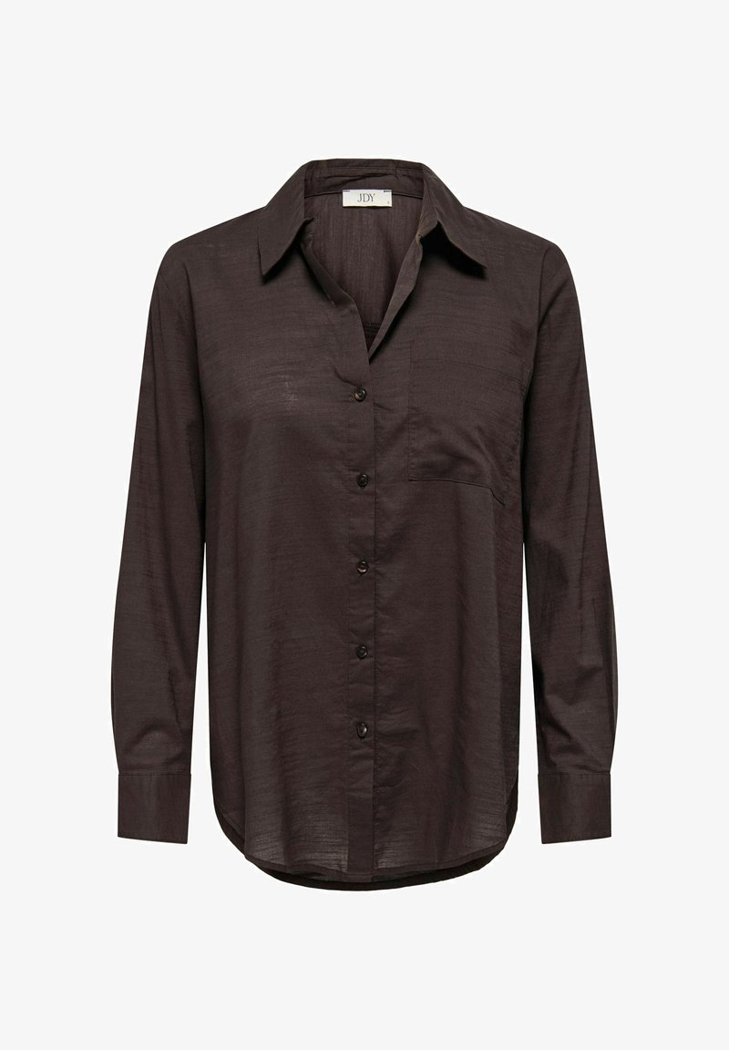 Chemise marron foncé à manches longues avec fermeture boutonnée sur le devant, poche poitrine unique et tissu lisse et léger. Ourlet incurvé pour un détail supplémentaire.