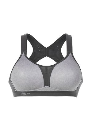 Soutien-gorge de sport gris avec un design croisé dans le dos, comportant des panneaux en maille, des coques rembourrées et des accents noirs le long de la bande pour un soutien et un confort accrus.