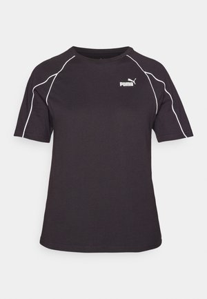 Black short-sleeve t-shirt made of cotton blend. Features white contrasting stitching and logo on the left chest. Round neck design.