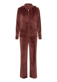 Maroon velour tracksuit featuring a zip-up hoodie with drawstrings and two front pockets, paired with straight-leg pants. Soft texture.