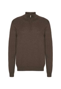 Ruskea pitkähihainen villapaita, jossa on korkea kaulus ja lyhyt vetoketju edessä, sekä ribbaatut hihat ja helma.