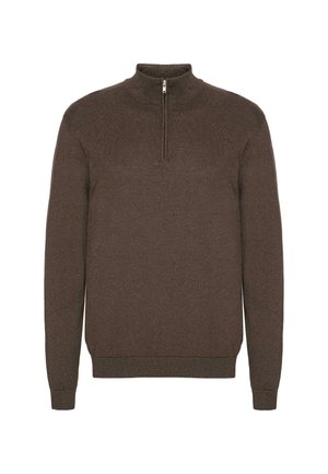 Bruine lange mouwen trui met een hoge kraag en een korte rits aan de voorkant, geribde manchetten en zoom.