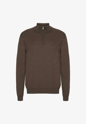 Pruun lukuga kaelusega kampsun, valmistatud pehmest kangast, millel on pikad varrukad, soonilised mansetid ja kaelus. Lihtne, voolujooneline disain ilma mustriteta.